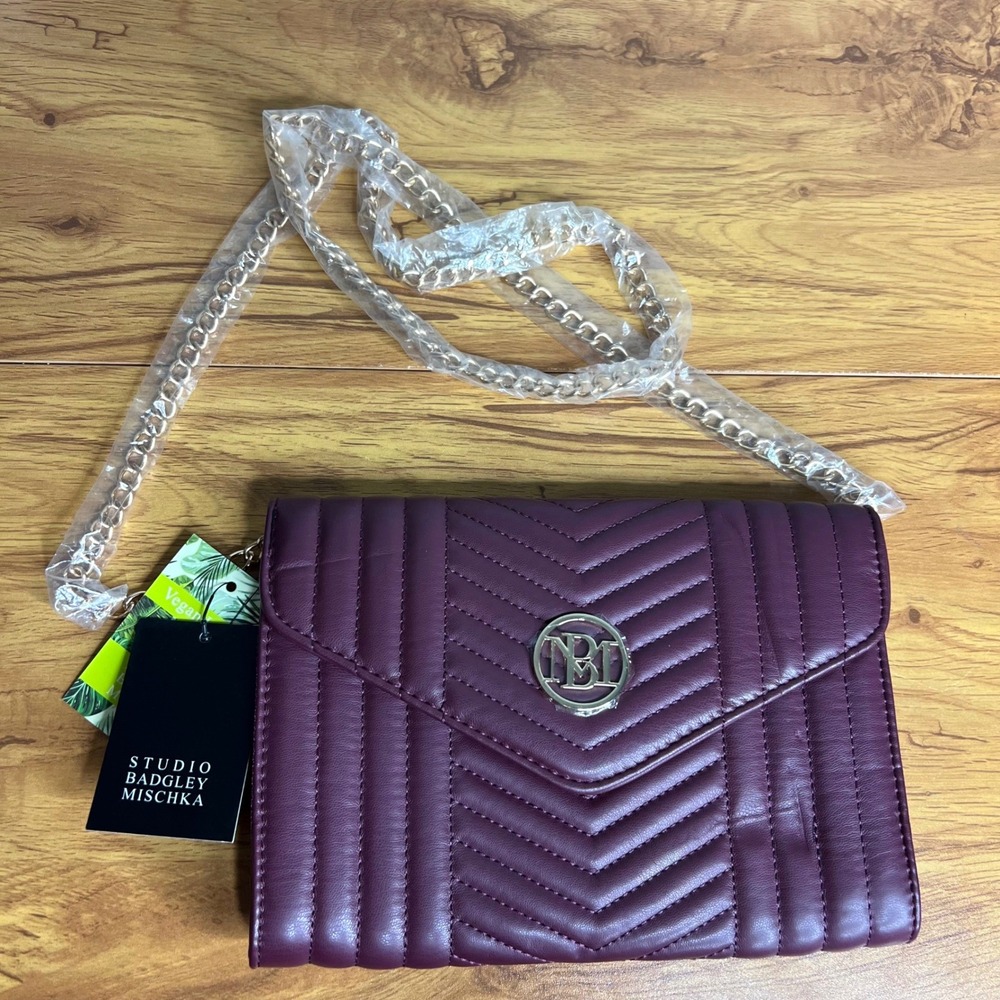 Studio Badgley Mischka Slim Crossbody Vegan Leather Plum V Quilting Center NWT